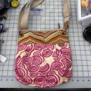 FOSSIL leather fabric shoulder bag tan fuschia pink shoulder bag